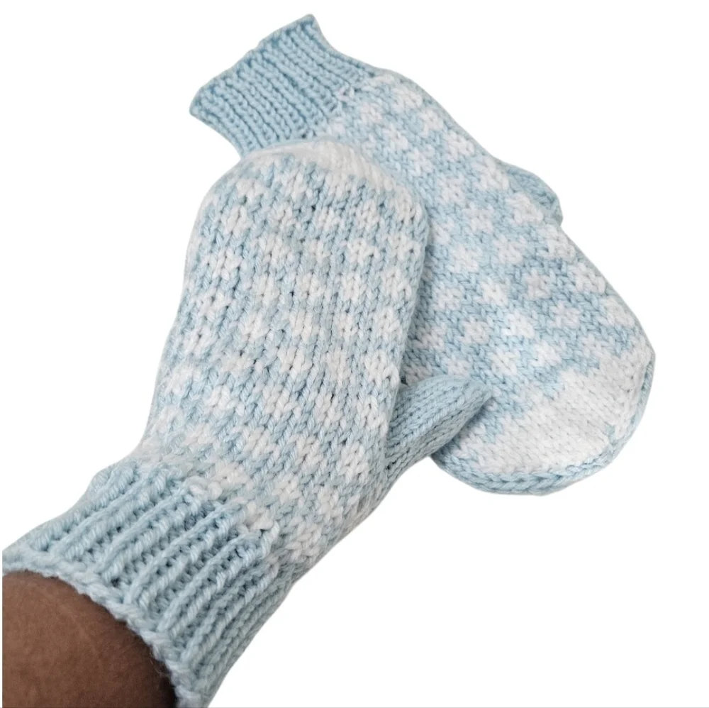 Hand Crafted Crochet Mittens Heart Design Ribbed Trim One-of-a-Kind Blue White